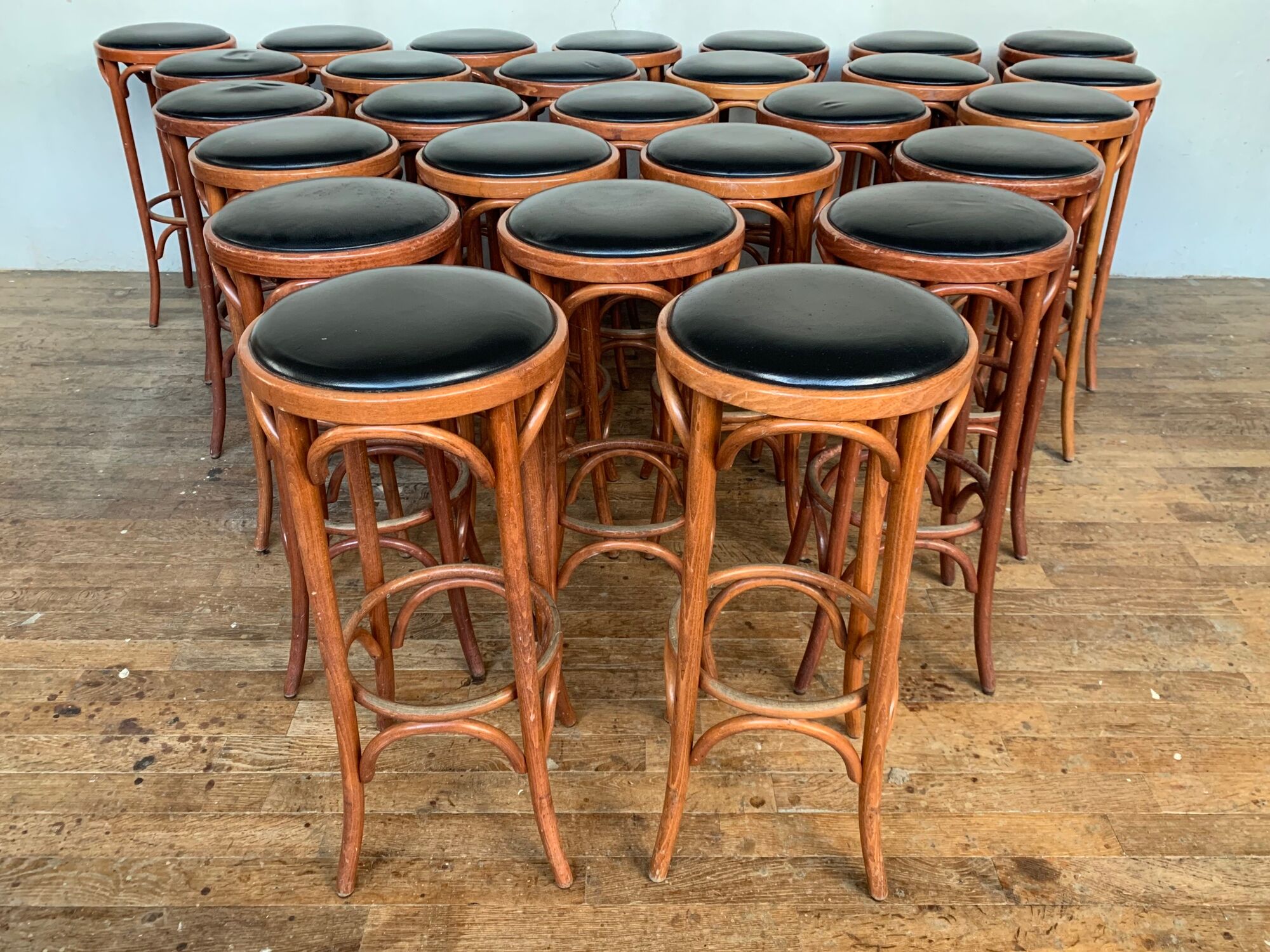 Series of 16 curved wooden bar stools dlg Thonet Baumann Fischel