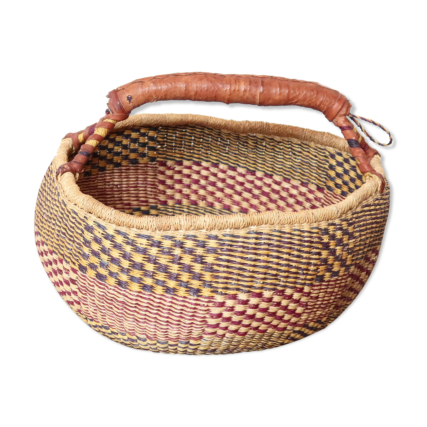African braided basket, leather handle