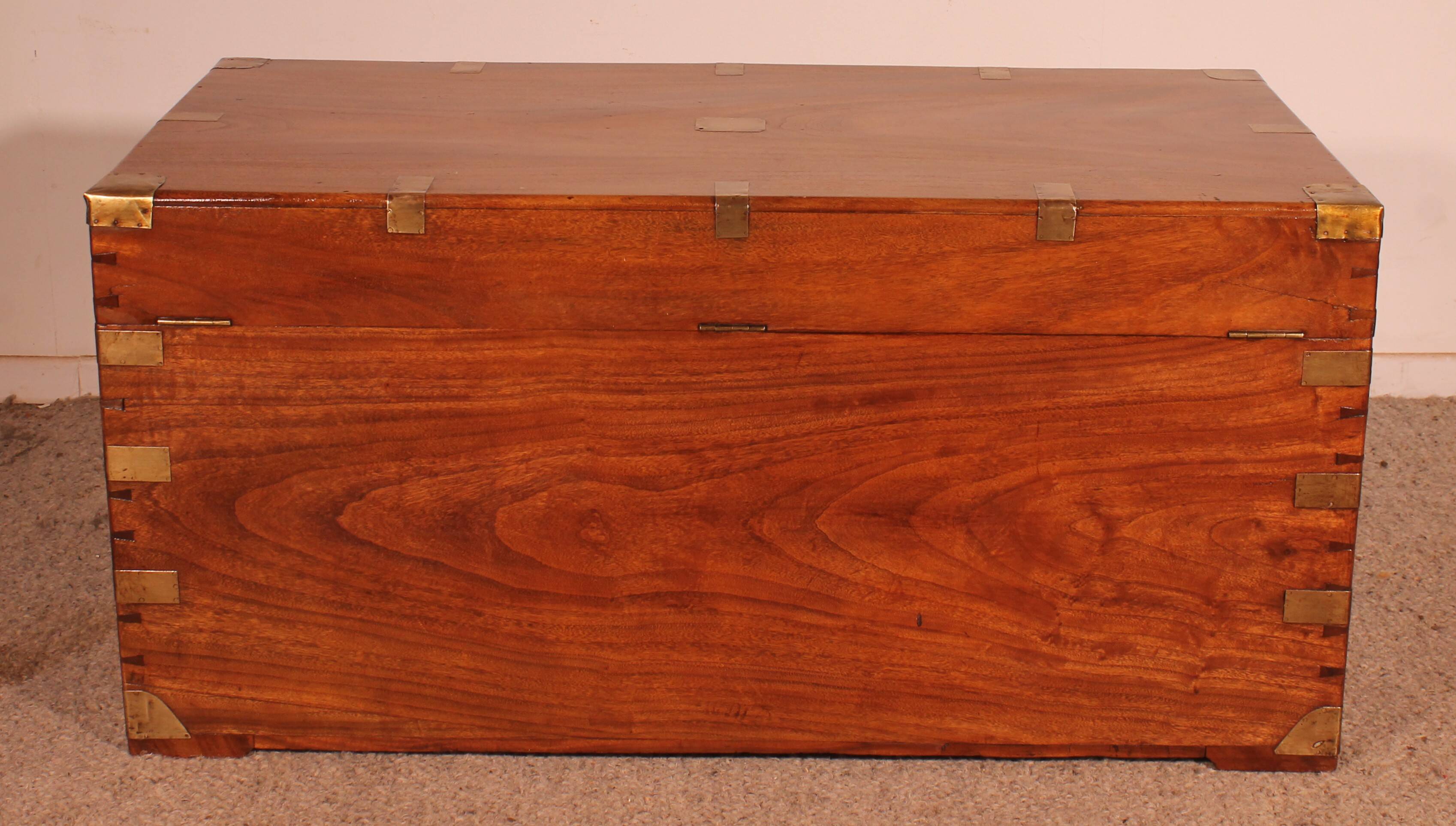 19th-century camphor wood marine chest with double locks and tray in