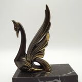 French Art Deco Bronzed Effect Spelter Swan Book Ends Black Marble Base