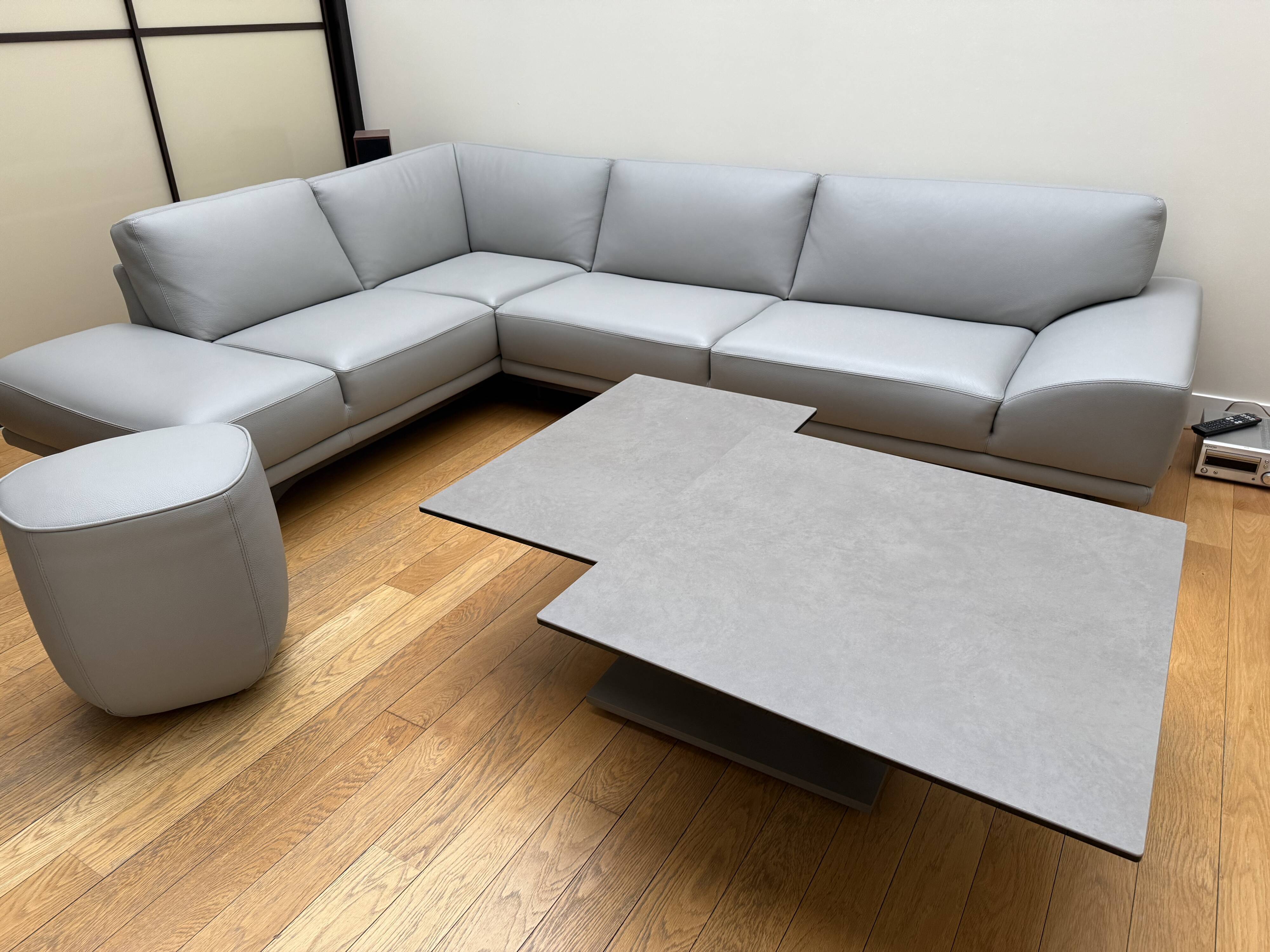 Roche bobois evidence corner sofa medium grey and 3 poufs