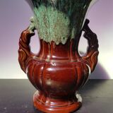 Vase adp céramique émaillée marron coulures vert bleu avec anses vintage
