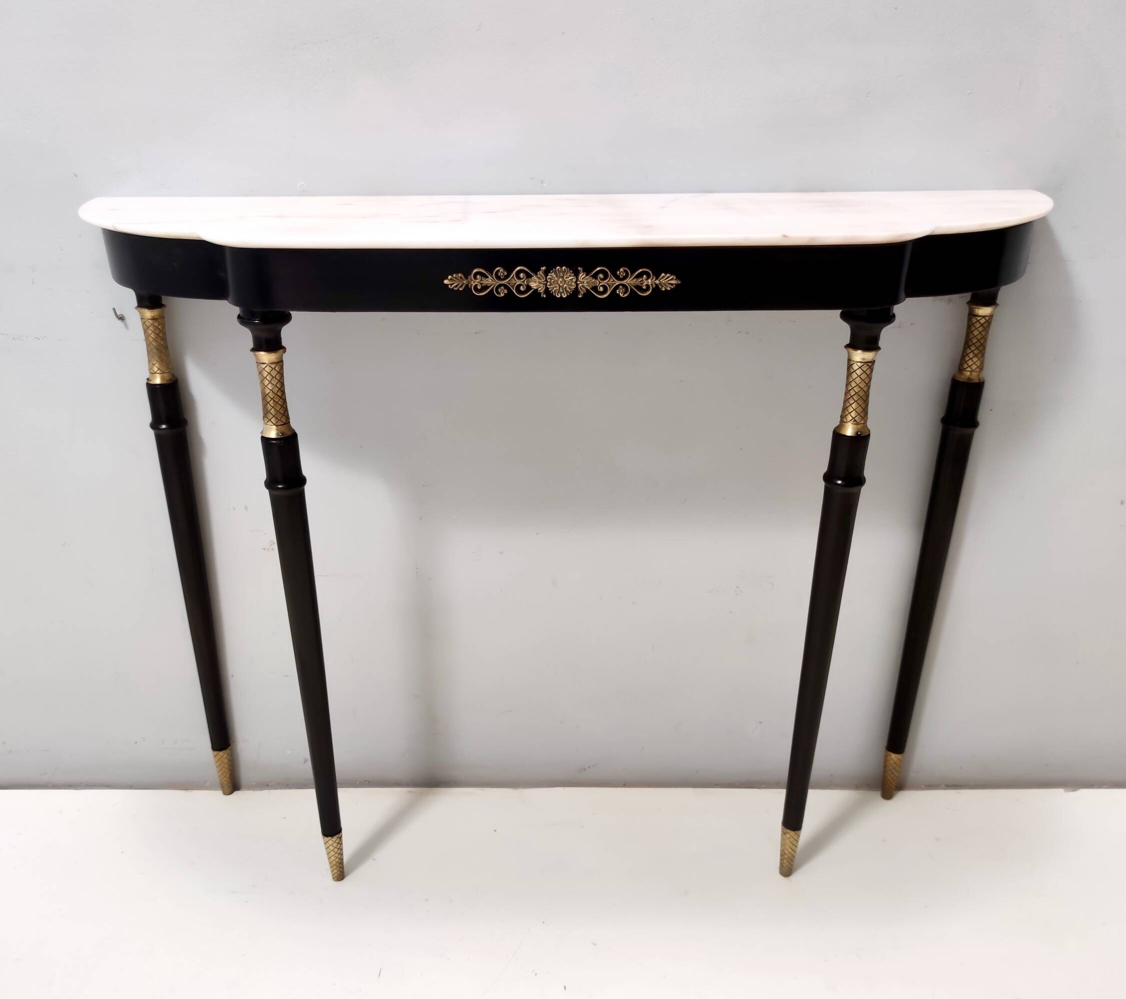 Vintage black lacquered beech console with a portuguese pink marble top, italy