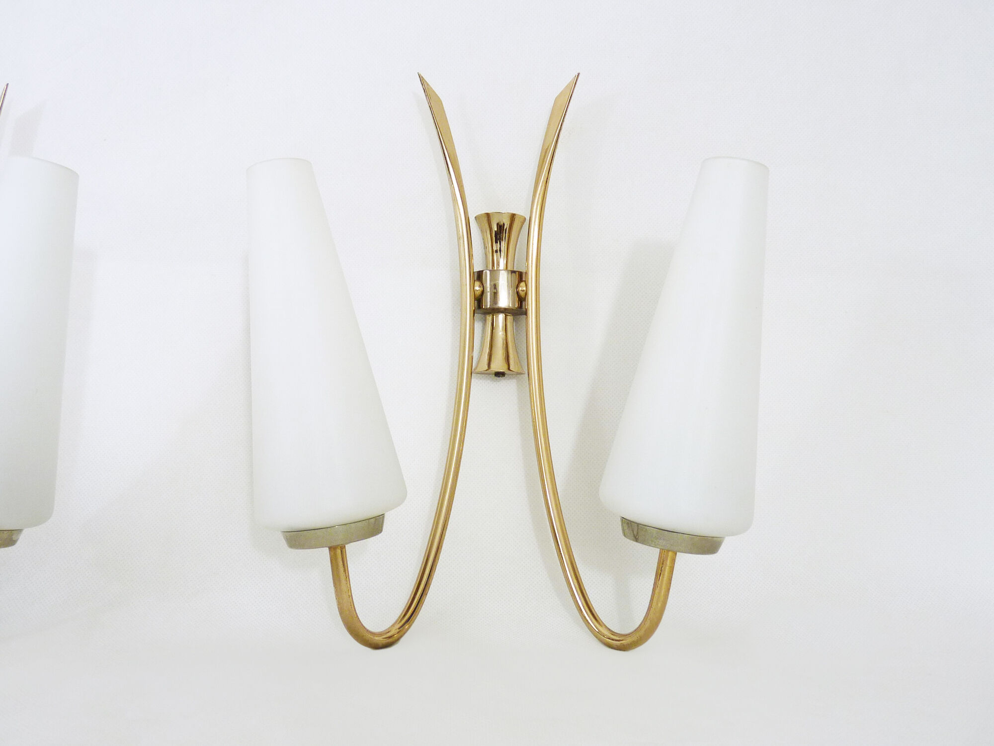 Pair of brass wall sconces and double tube in white opaline 1960