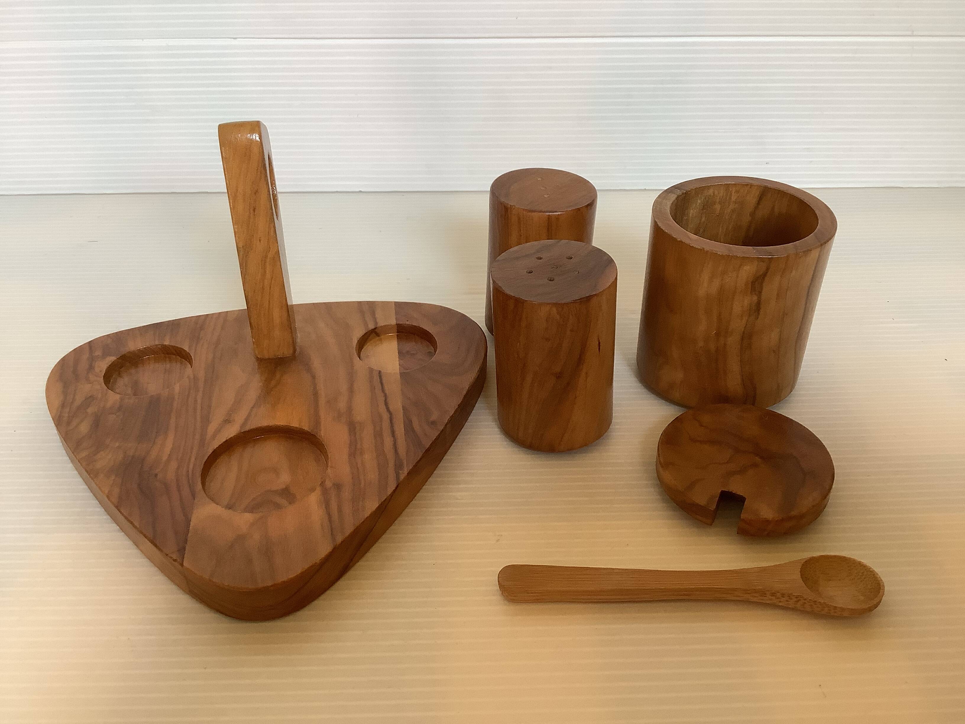 Olive wood mustard salt and pepper server