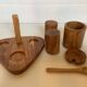 Olive wood salt and pepper server with mustard pot.