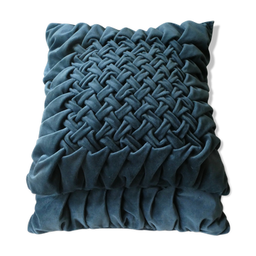 Pair of old cushions, in duck blue velvet, pleated effect