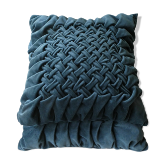 Pair of old cushions, in duck blue velvet, pleated effect