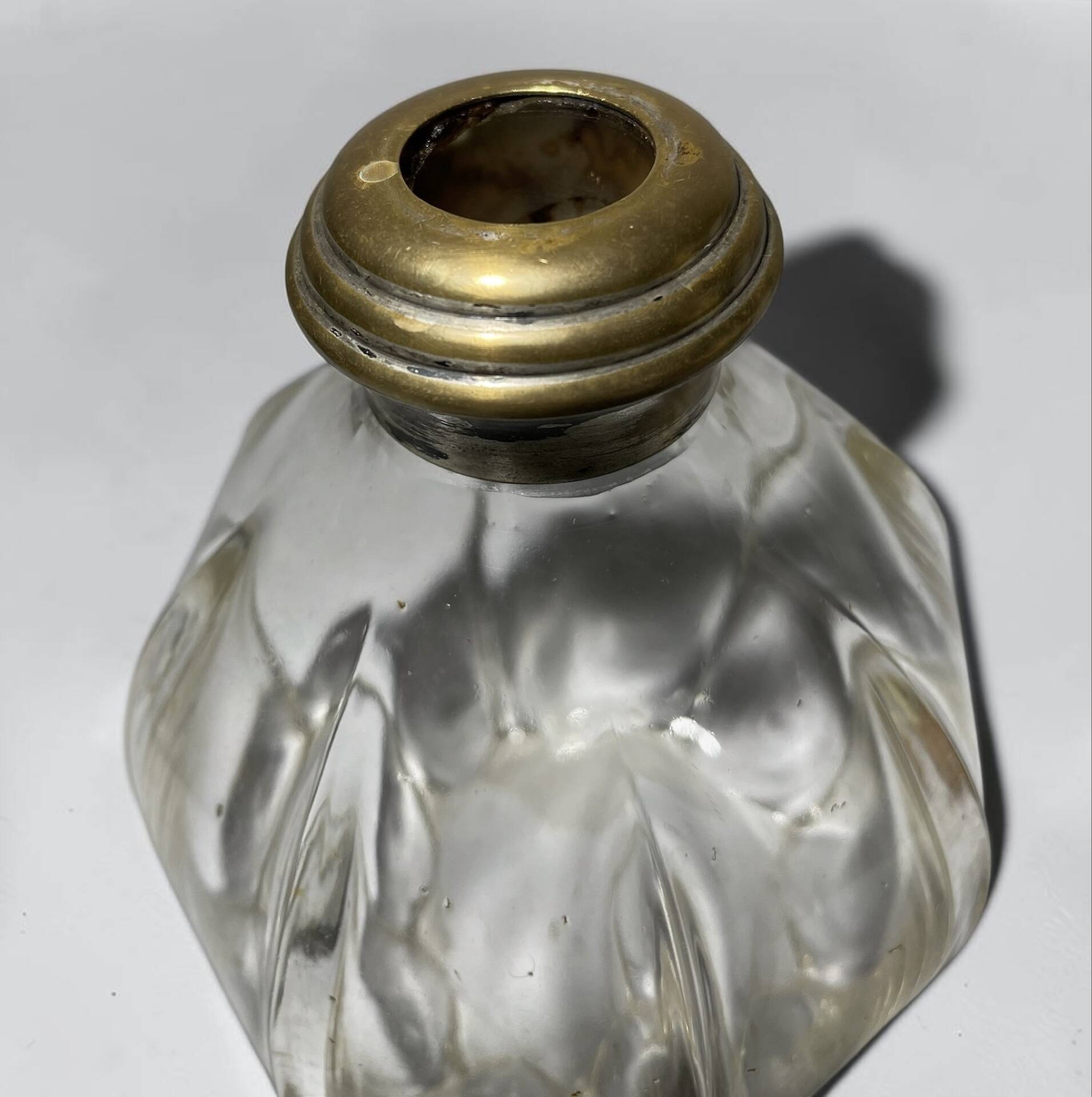 Large antique decanter for spirits – cut glass and silvered neck