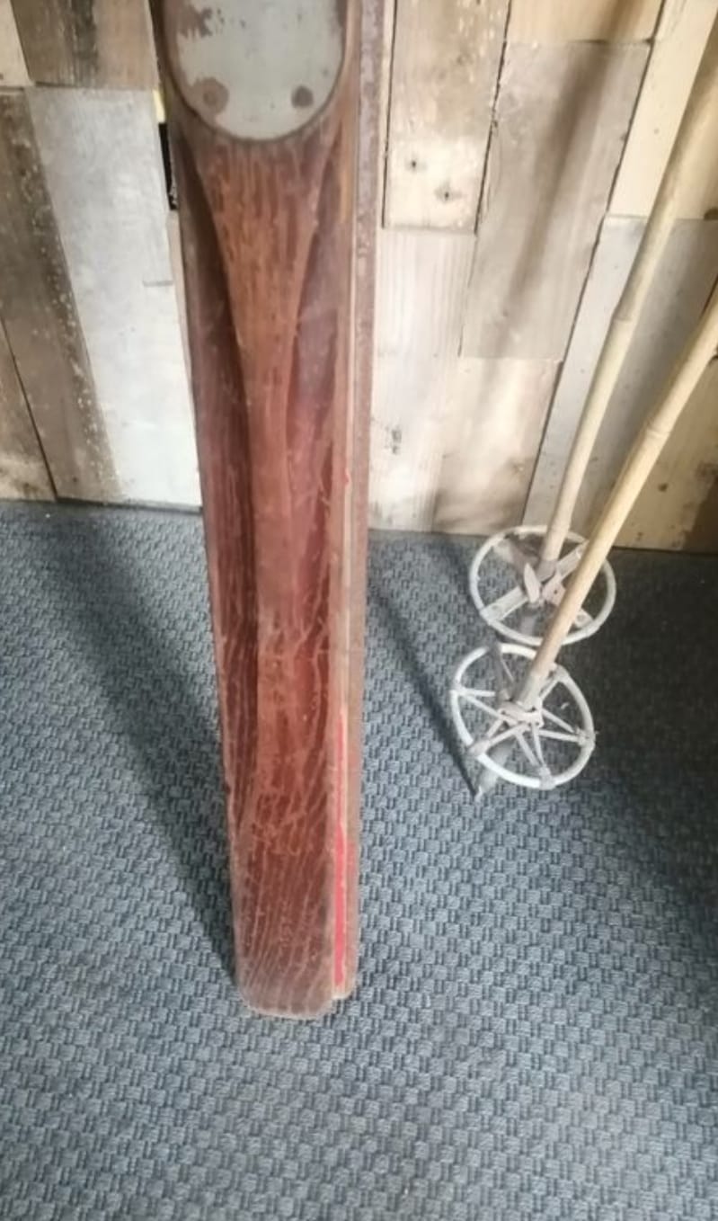 Pair of wooden ski & vintage ski poles year 1940