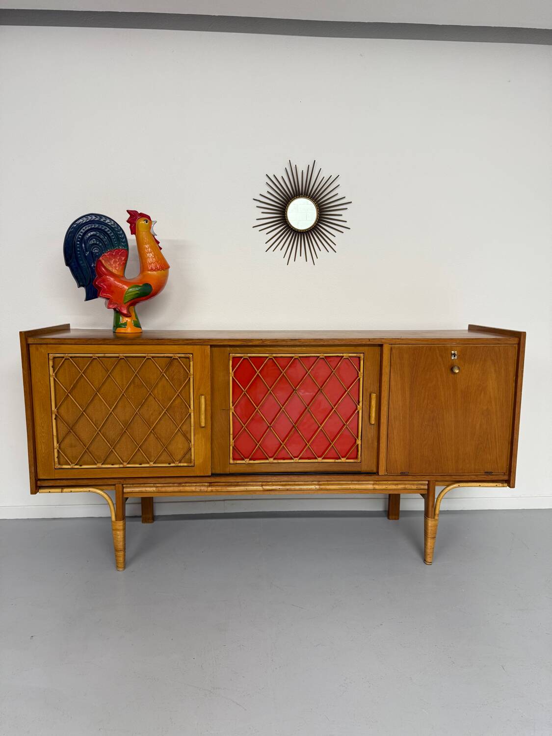 Antique French vintage 50s design wooden and rattan sideboard