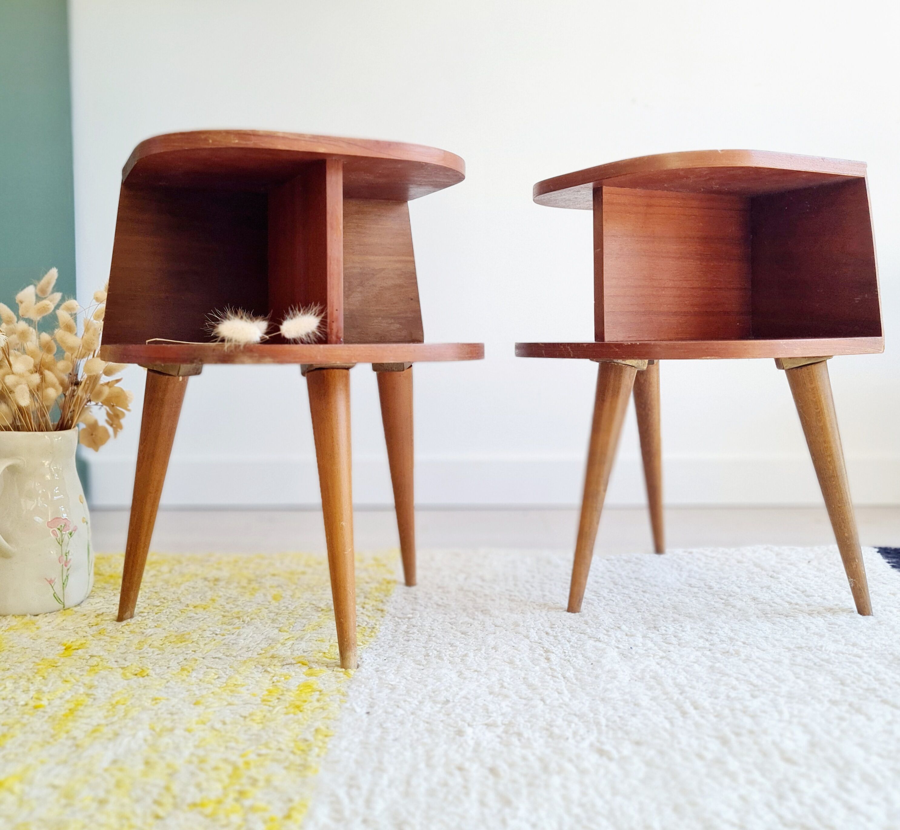 Pair of tripod bedside tables with compass feet