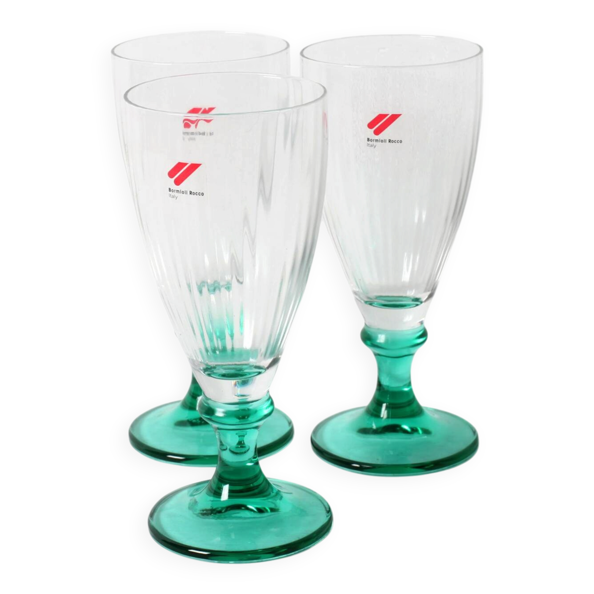 Set of 3 Vintage Bormioli Rocco Wine Glasses: Green Stem Harmonia, 1990s