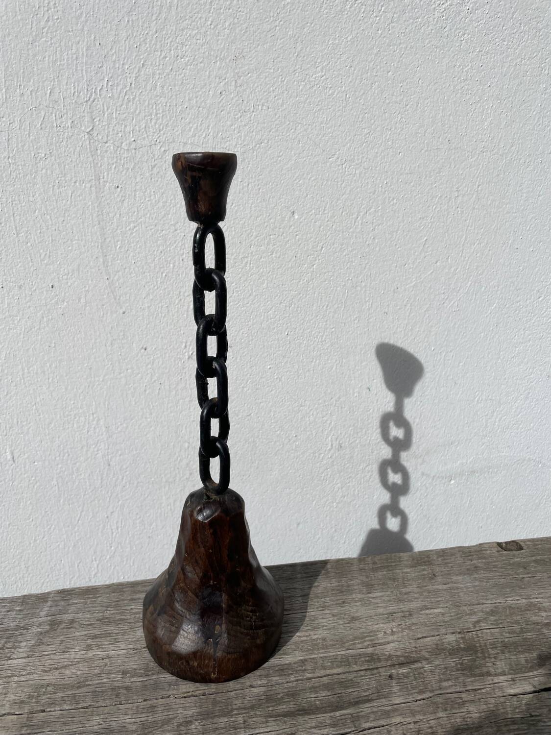 Brutalist wood and metal chain candle holder