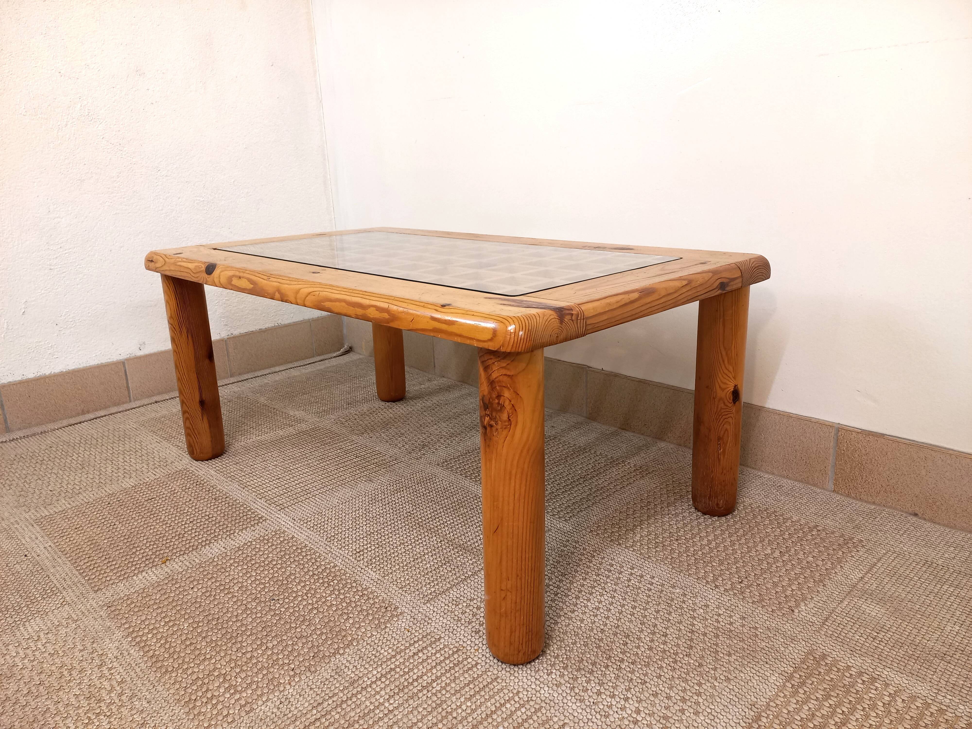 Vintage modernist coffee table in pine and glass 70s 80s
