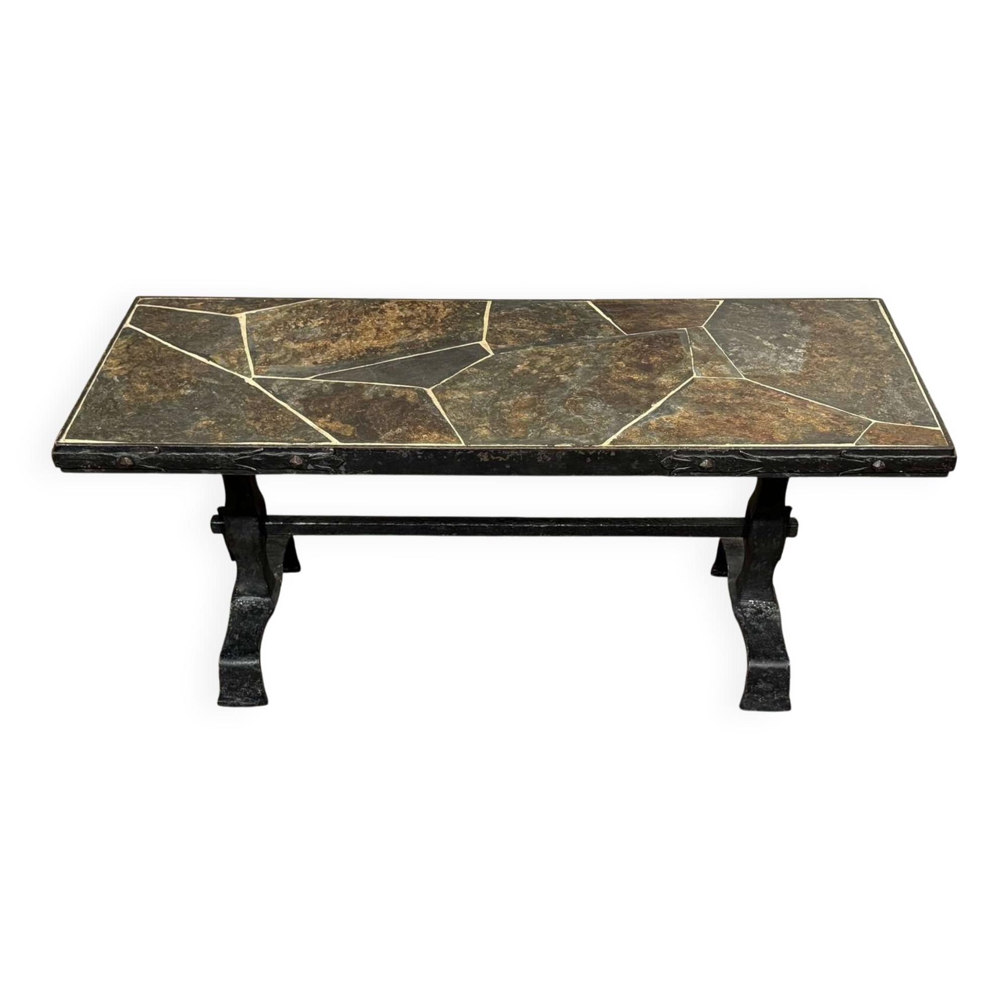 Coffee table in wrought iron with a slate top, work from the 1950s.
