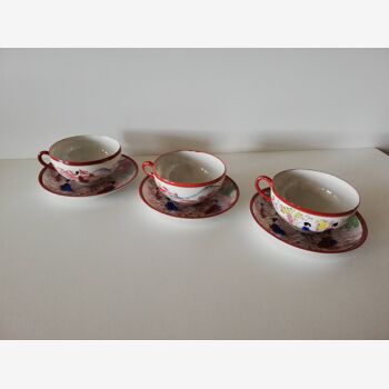 Lot de 3 tasses à thé avec coupelles décor japonisant