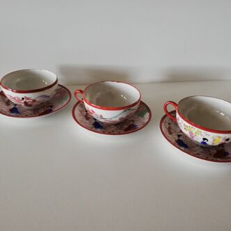 Lot de 3 tasses à thé avec coupelles décor japonisant