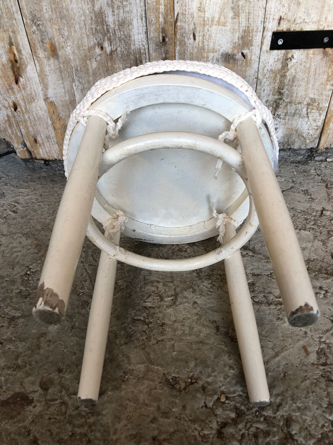 White wooden stool + vintage wool seat #a294