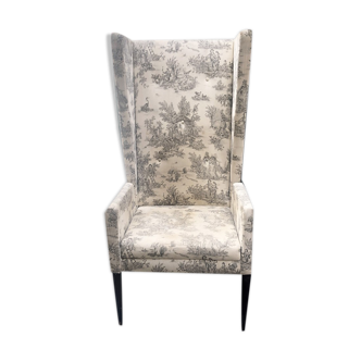 Fauteuil à oreilles toile de Jouy