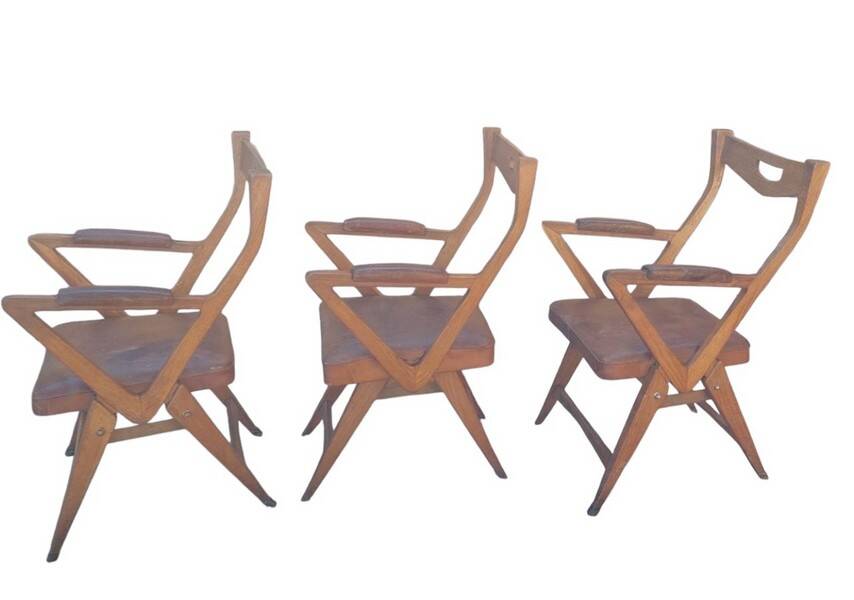 Set of oak and leather armchairs, 50s design, original