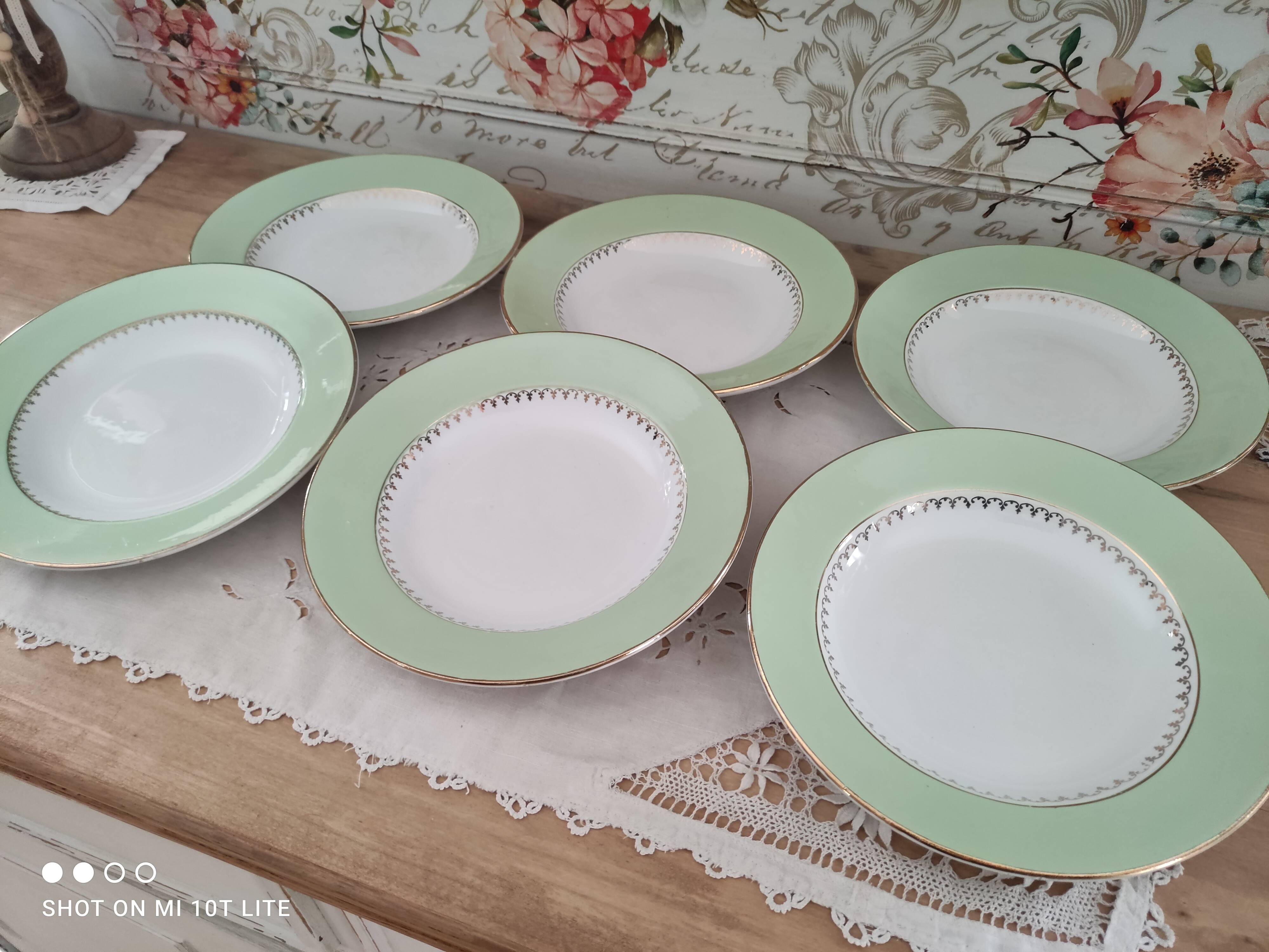 Lot de 6 assiettes creuses L'Amandinoise marli vert d'eau et frise dorée