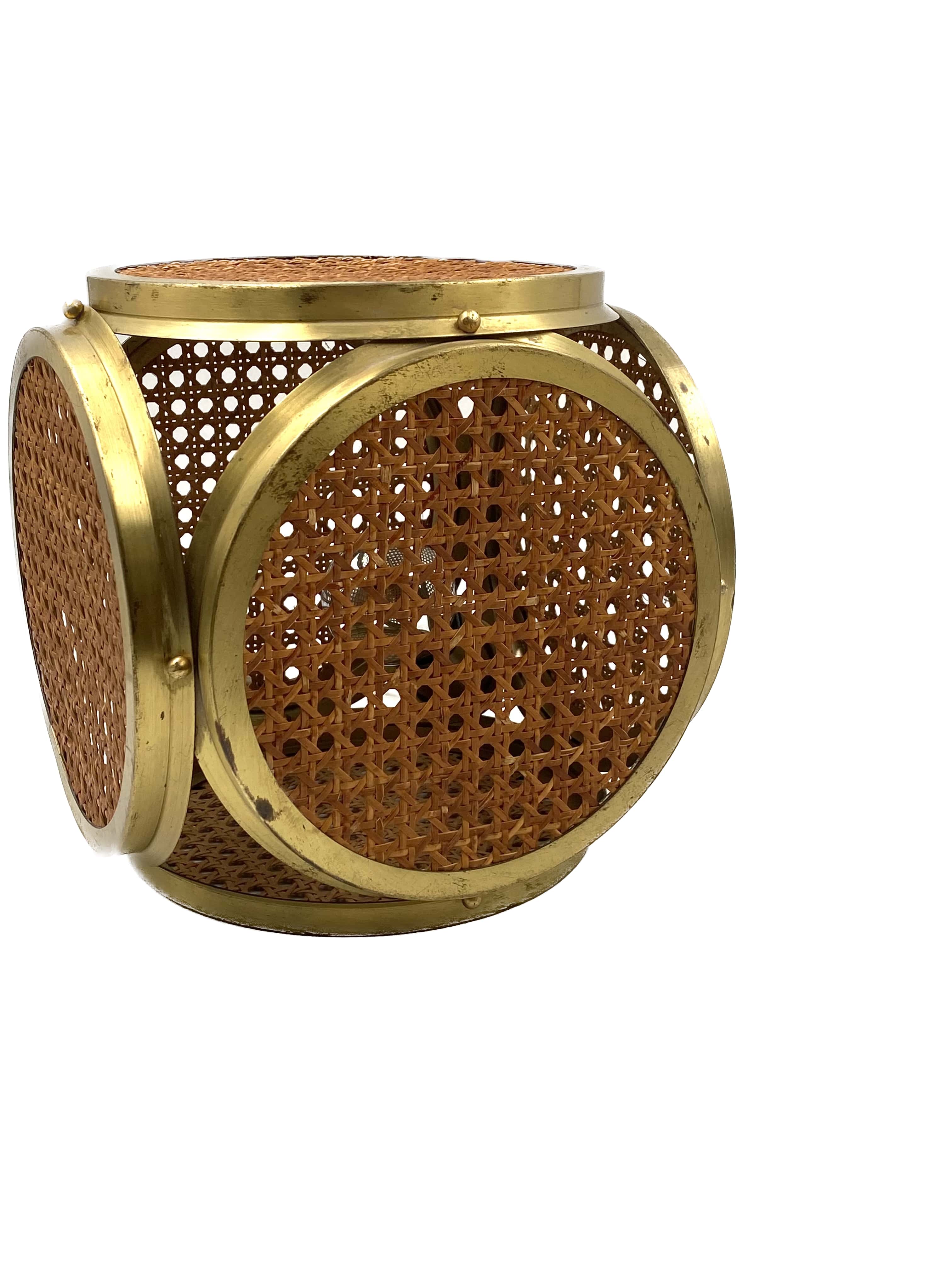 Ensemble de 2 lampes régence hollywoodiennes en laiton et paille viennoise, Italie 60's / 70's