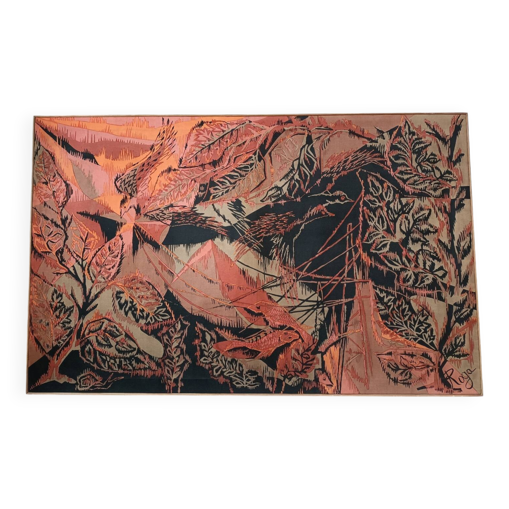 Tenture murale vintage oiseaux signée Roga