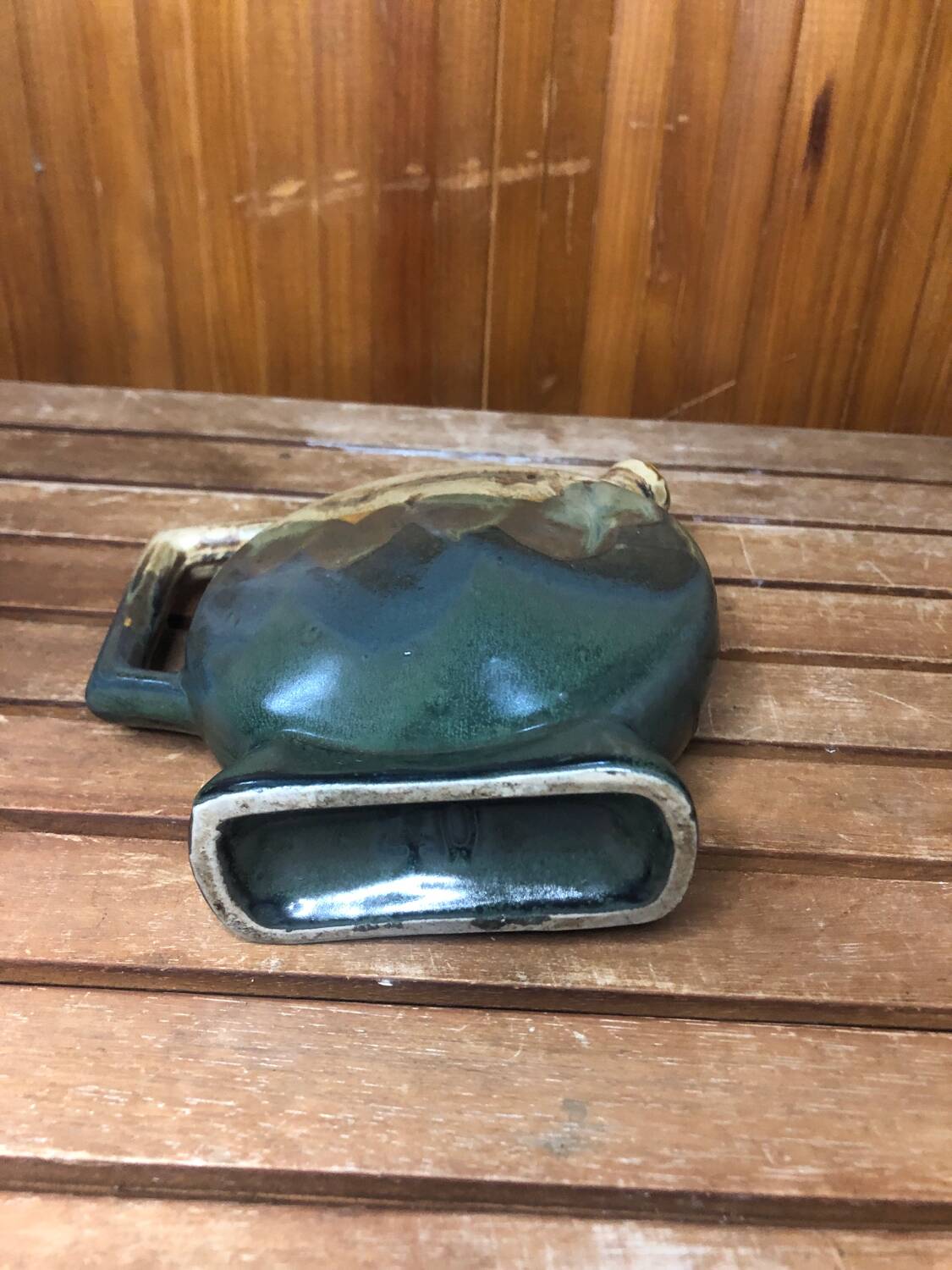 Old beige & green ceramic bottle + vintage handle