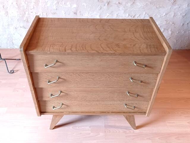 Renovated vintage chest of drawers with compass legs in light gilded wood, 1950-1960