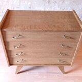 Renovated vintage chest of drawers with compass legs in light gilded wood, 1950-1960