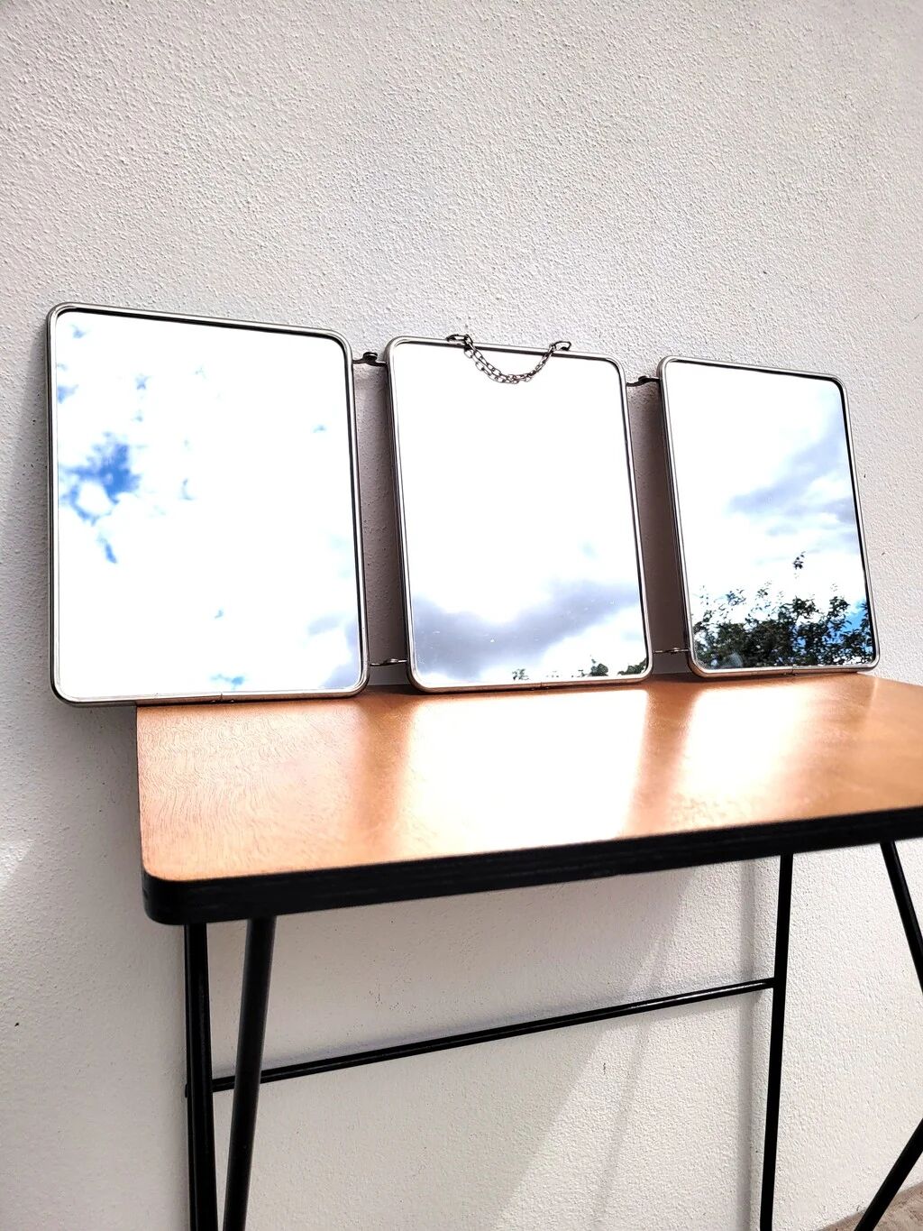 Vintage white triptych barber mirror