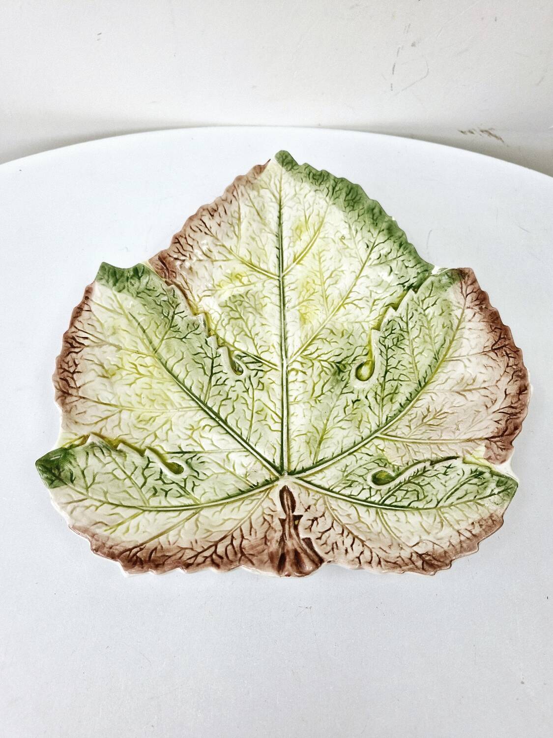 Vintage Draining Salad Bowl Signed GV In Grape Vine Leaf Barbotine