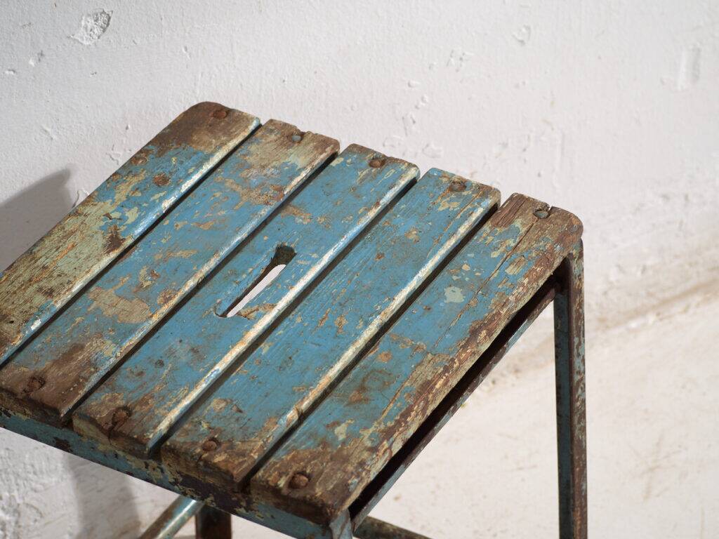 Vintage industrial stool made of pine wood and iron – Central Europe, around 1950
