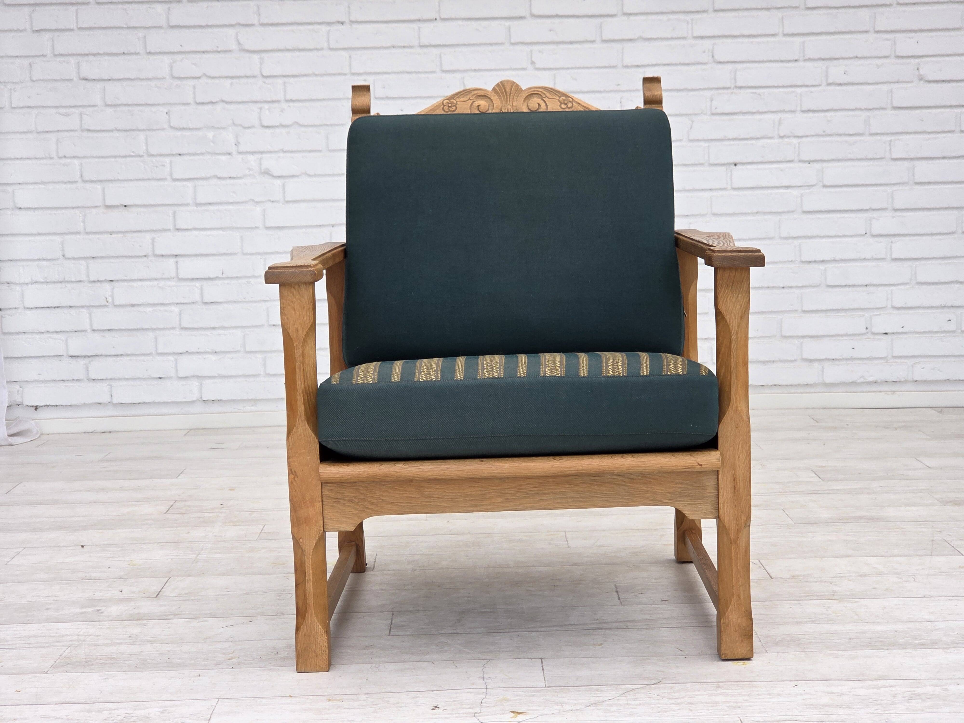 1970s, Scandinavian lounge chair, green furniture wool, solid oak wood.