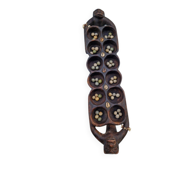 Grand jeu vintage Awale Oware en bois sculpté à la main, Nigéria, années 1980
