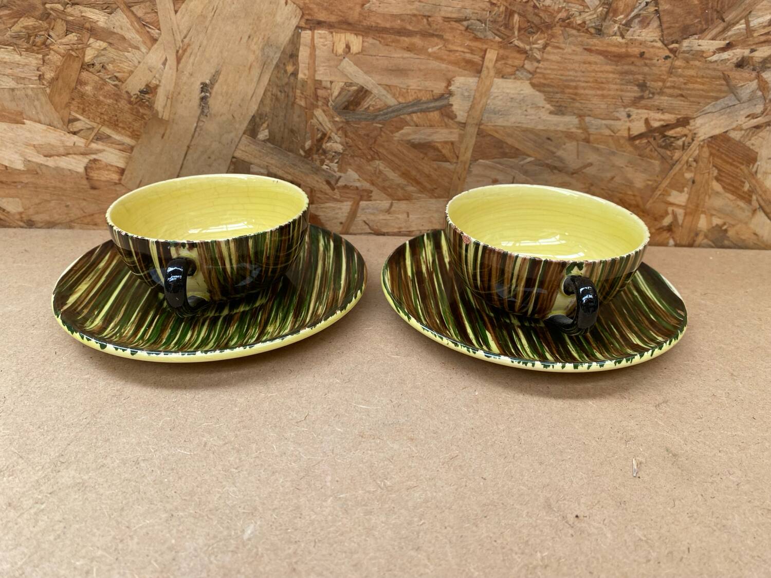 Pair of antique st clement safari ceramic yellow vintage mugs