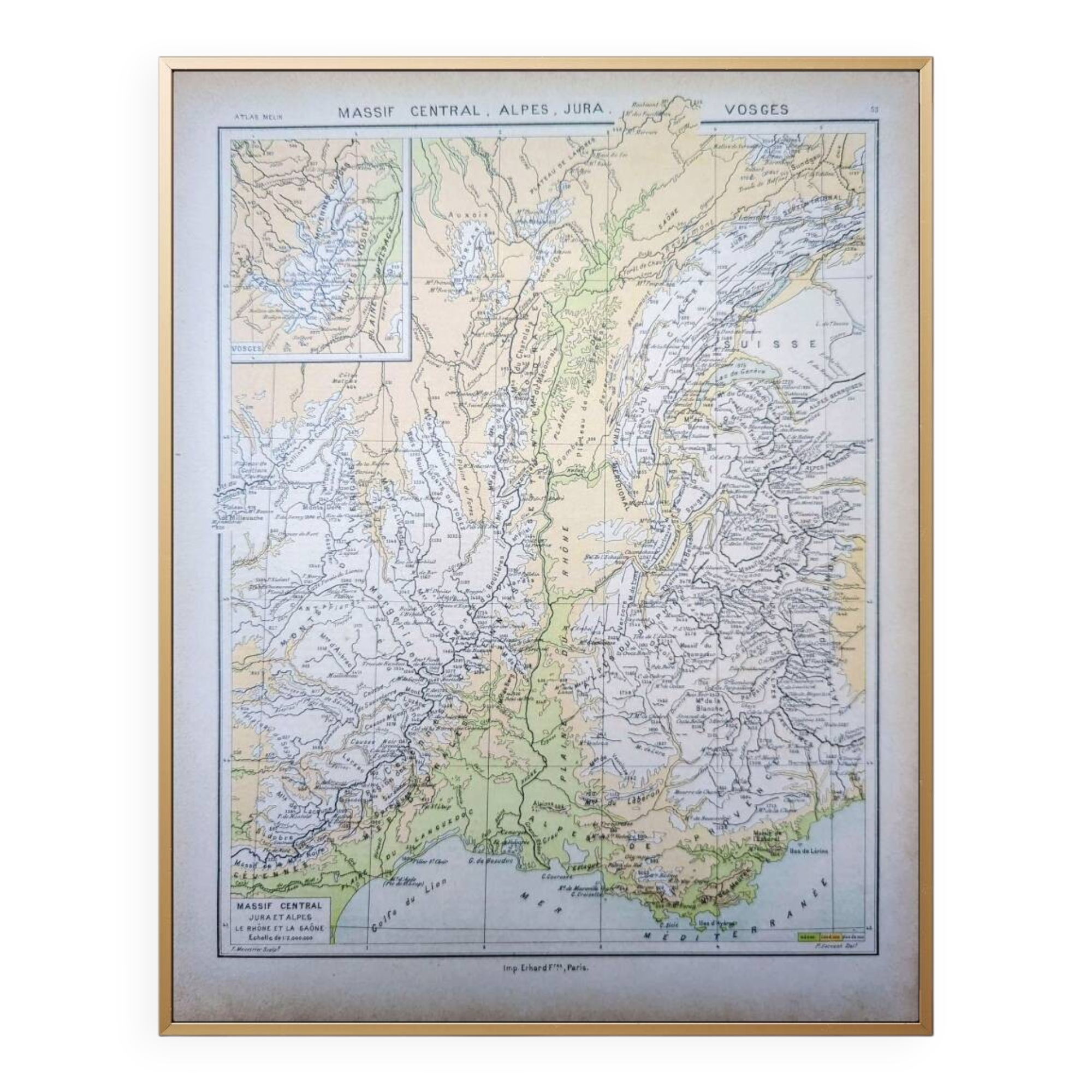 Map of the mountain ranges of France, original printed in 1896