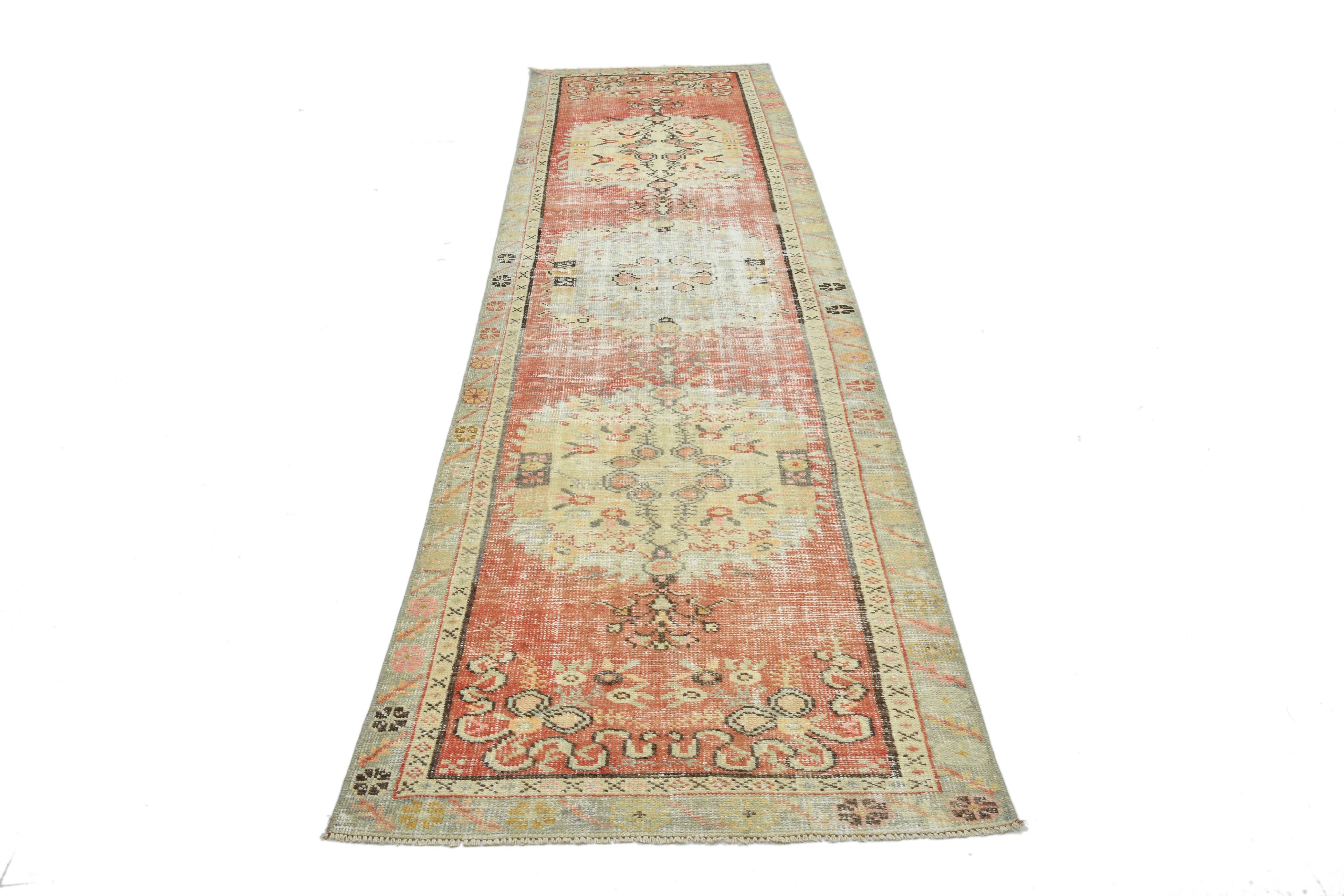 Turkish Red & Cream Oriental Vintage Runner Rug, 85x352Cm