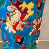 Faience cornet vase with floral decoration signed Emaux de Longwy