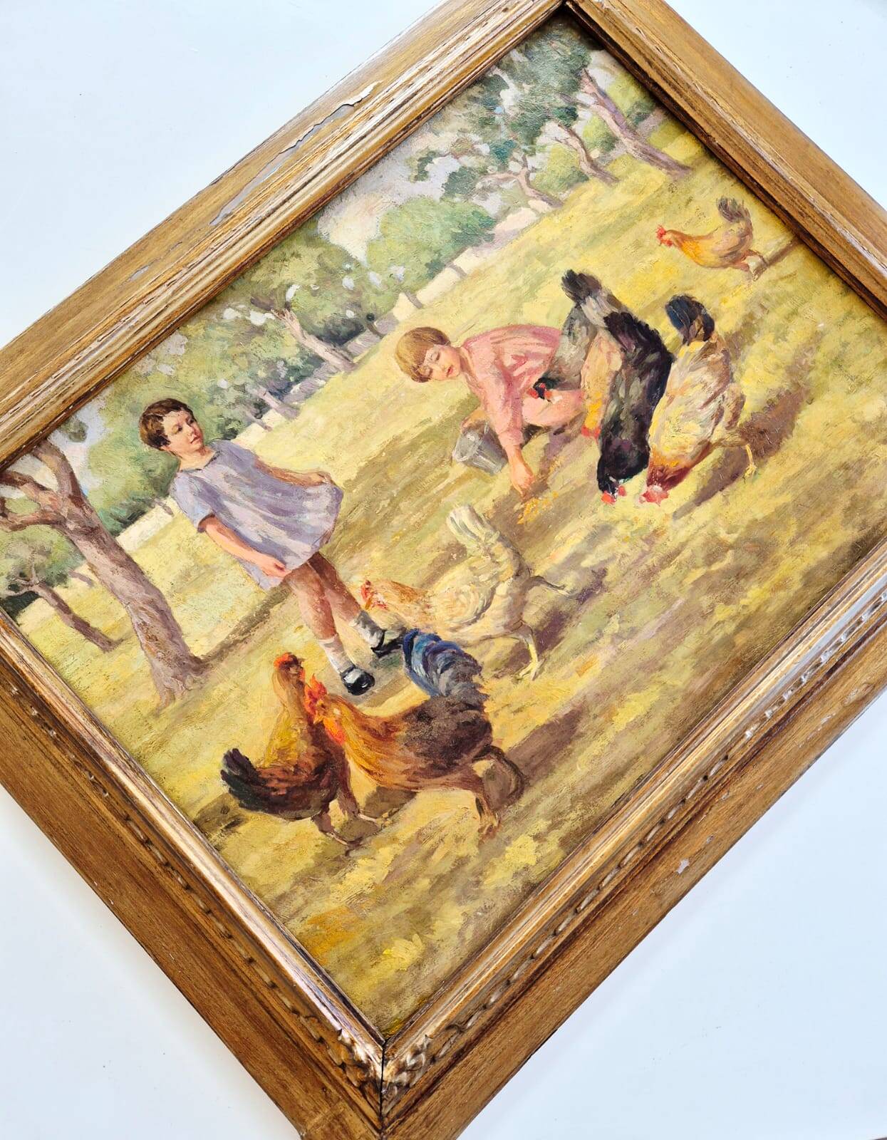 Oil Painting on Canvas "Children at the Farm" Signed Lo Presti - Gilded Frame