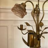 Set of chandelier and 2 wall lights in gold metal and glass roses