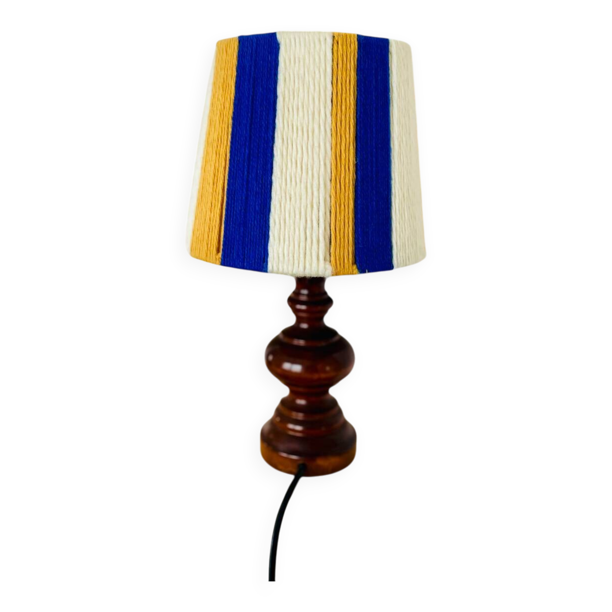 Vintage lamp with turned wooden base, striped wool lampshade