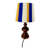 Vintage lamp with turned wooden base, striped wool lampshade
