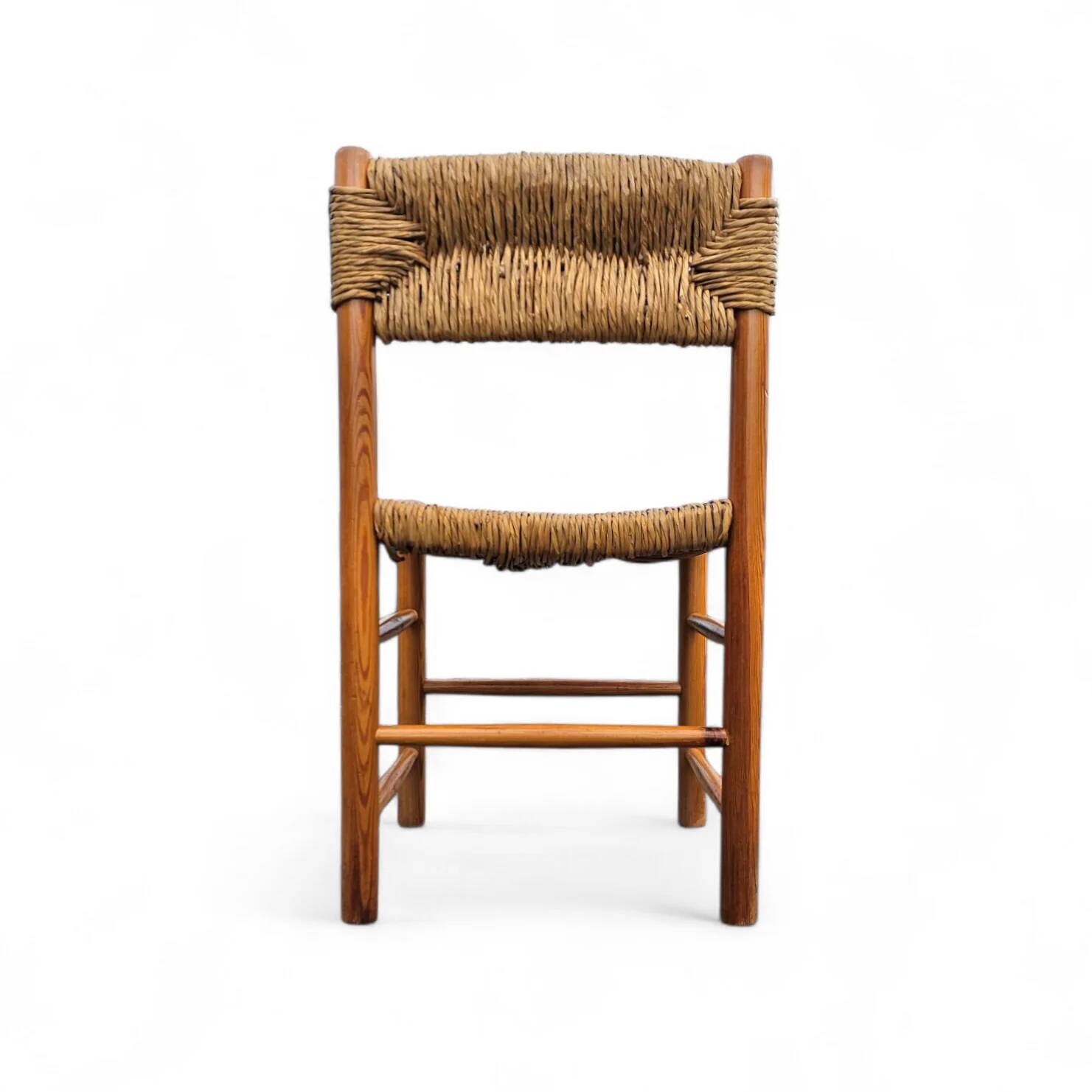 2 x pine wood woven reed dining chairs / France 1950s