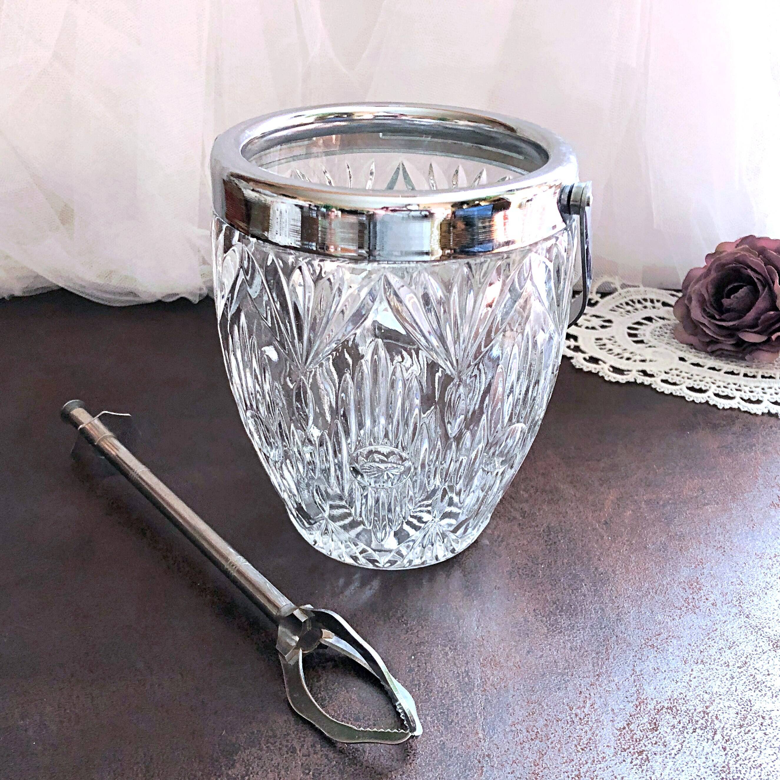 Seau à glace verre cristallin texturé avec pince à glaçons