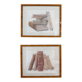 Watercolours of books in a burr wood frame, set of 2
