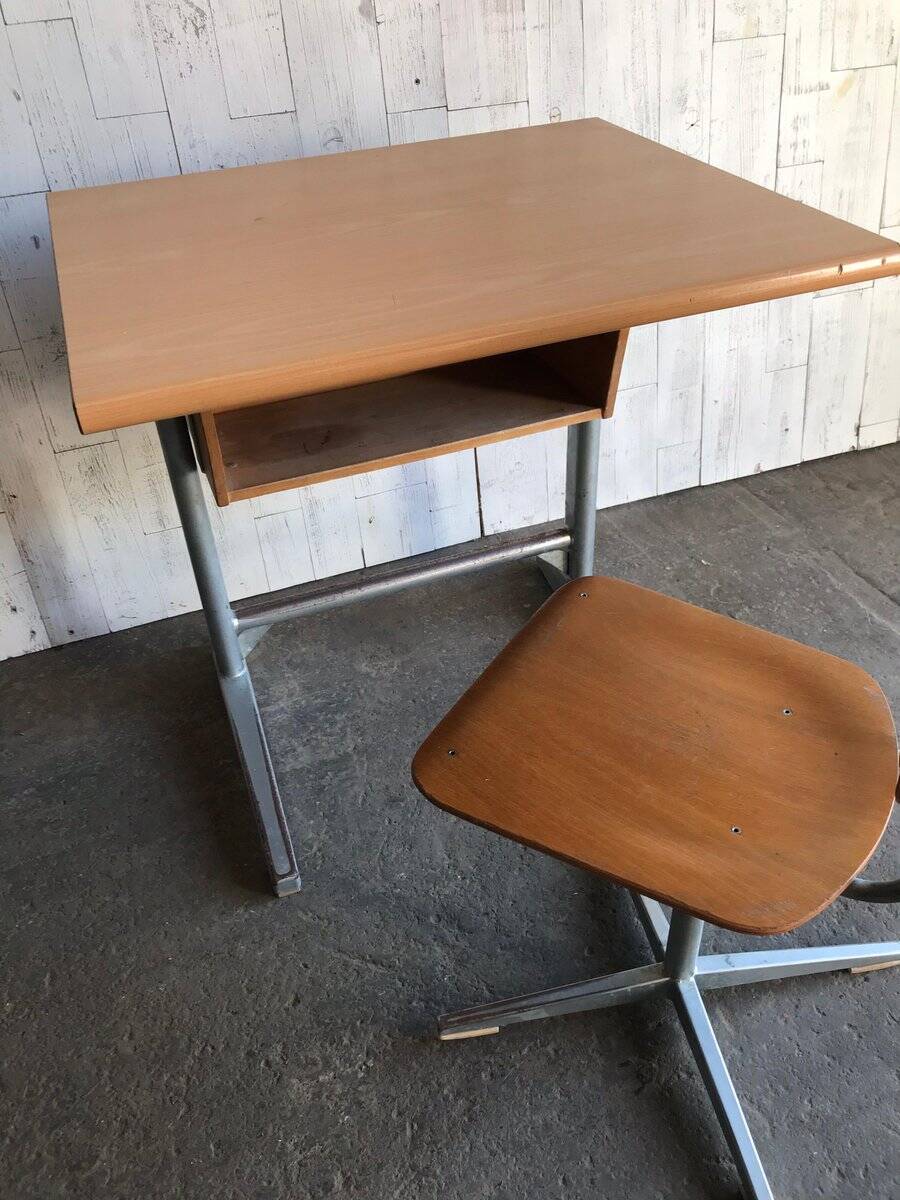 Embru 1960s desk and school chair set in brown wood and grey metal — set of 2
