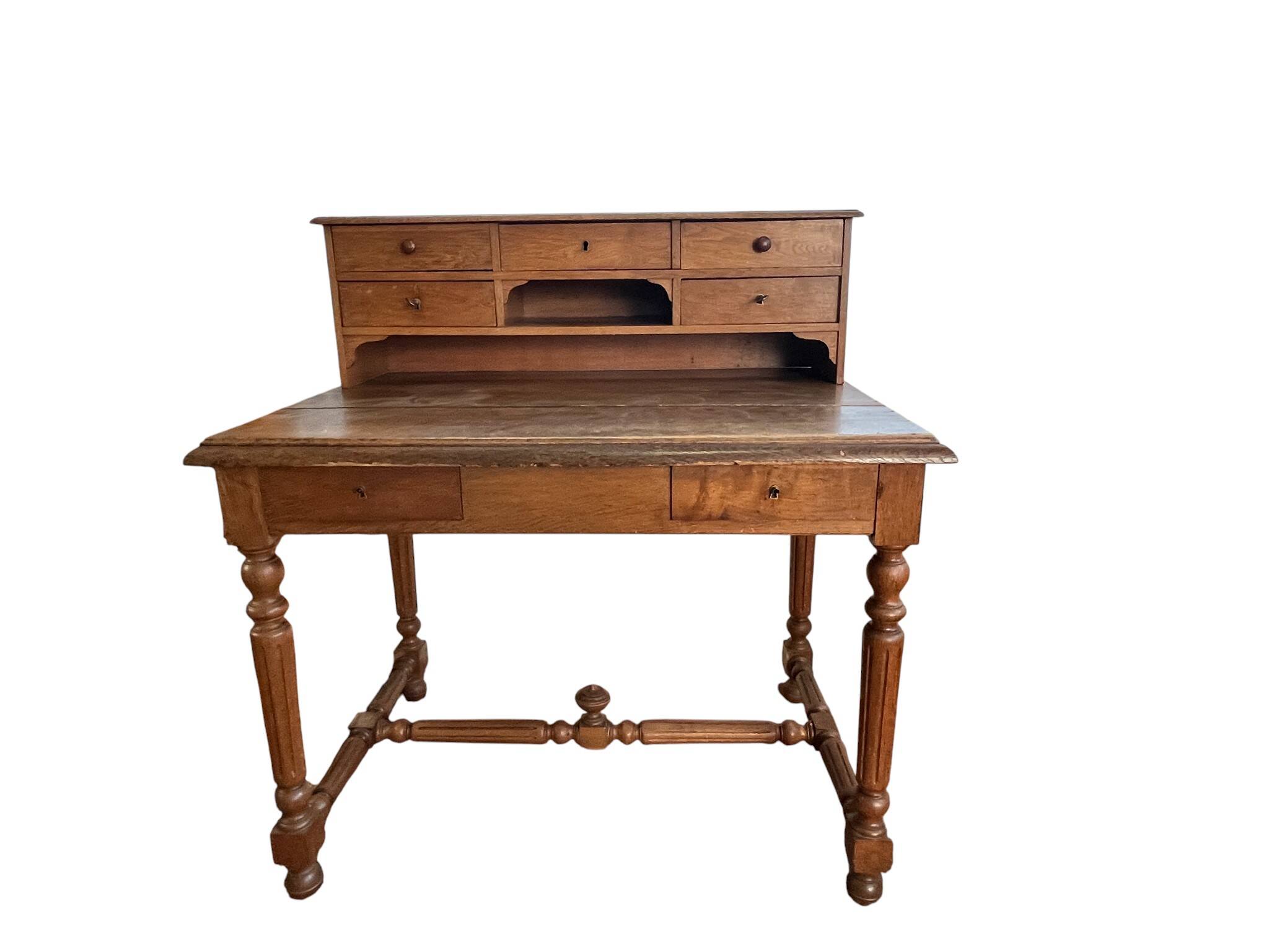 Antique oak tiered desk with stretcher, early 20th century.