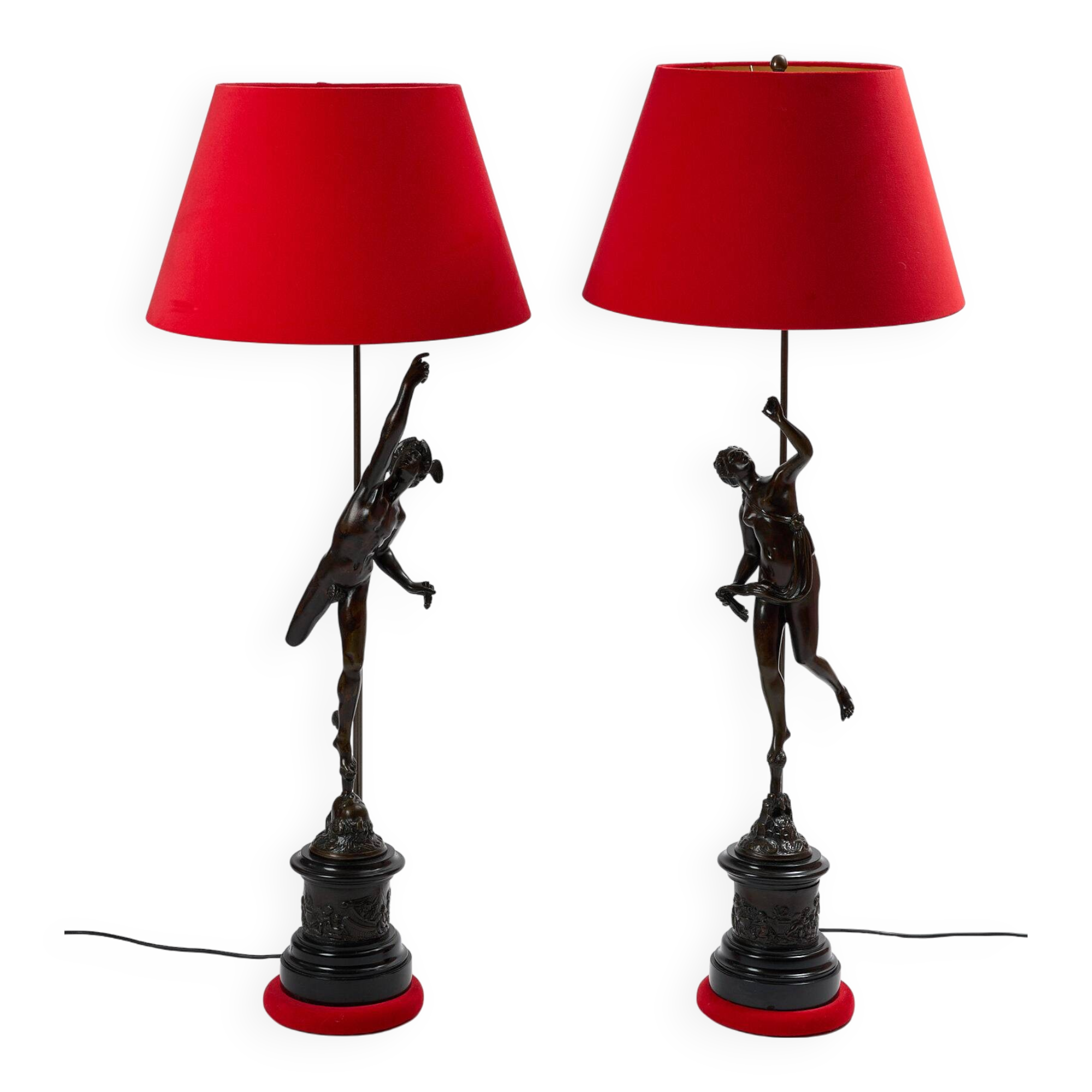 Pair of bronze lamps with red shades